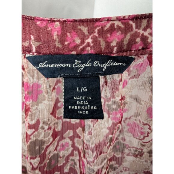 American Eagle Chiffon Blouse Womens L Red Ditzy Boho Floral Peasant Top Sheer - Picture 6 of 6